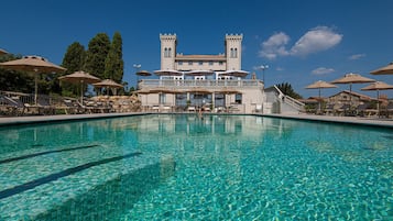 Seasonal outdoor pool, pool umbrellas, pool loungers