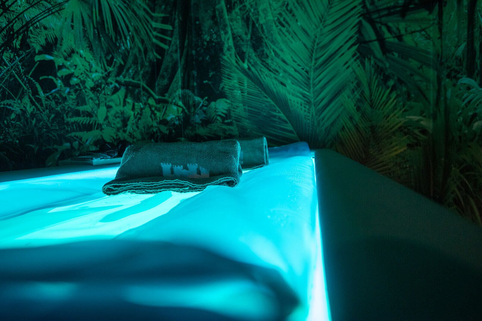 A bed with a blanket and a pillow in a room with tropical foliage.