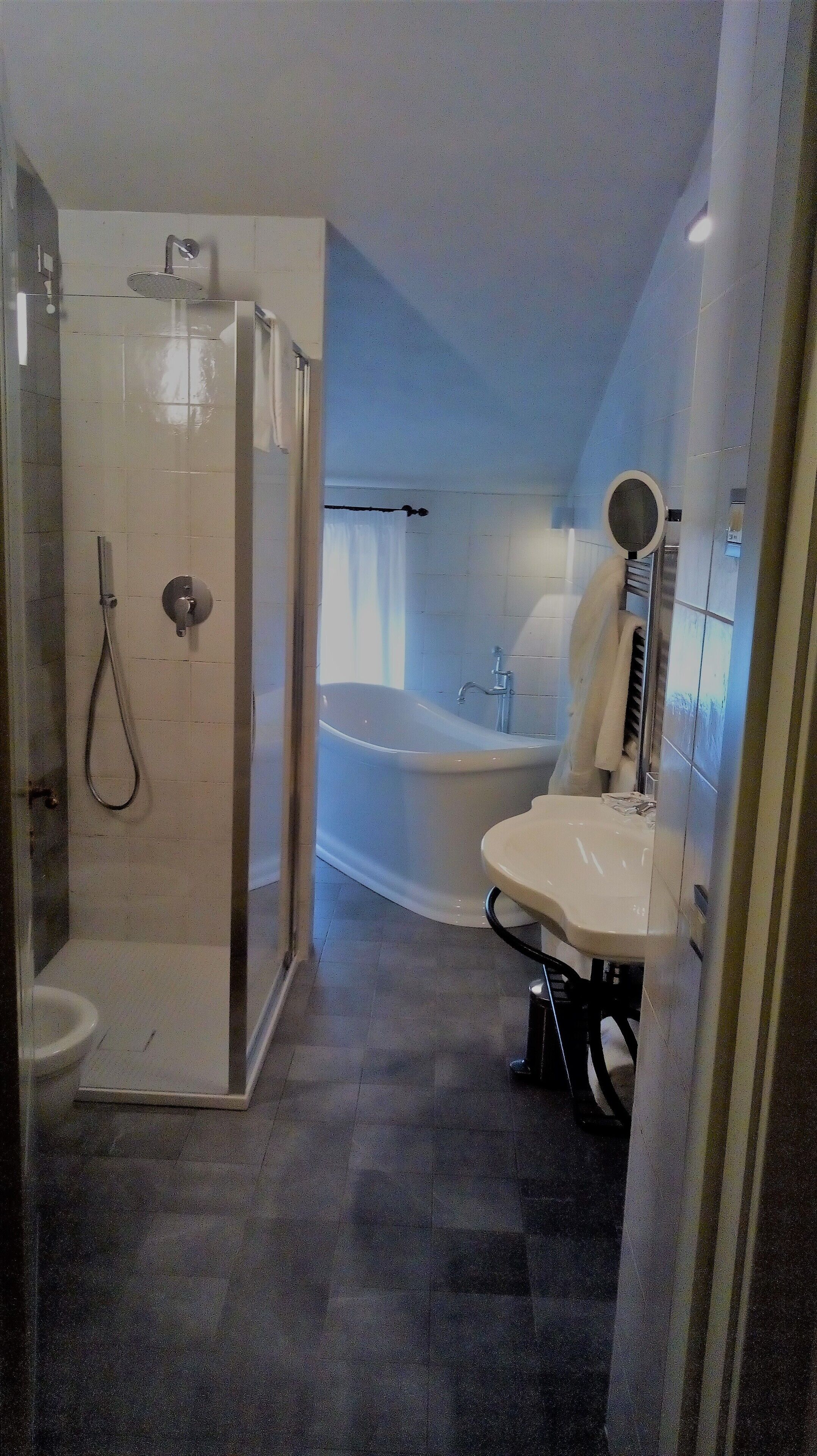 Un baño con ducha a nivel, bañera y lavabo.