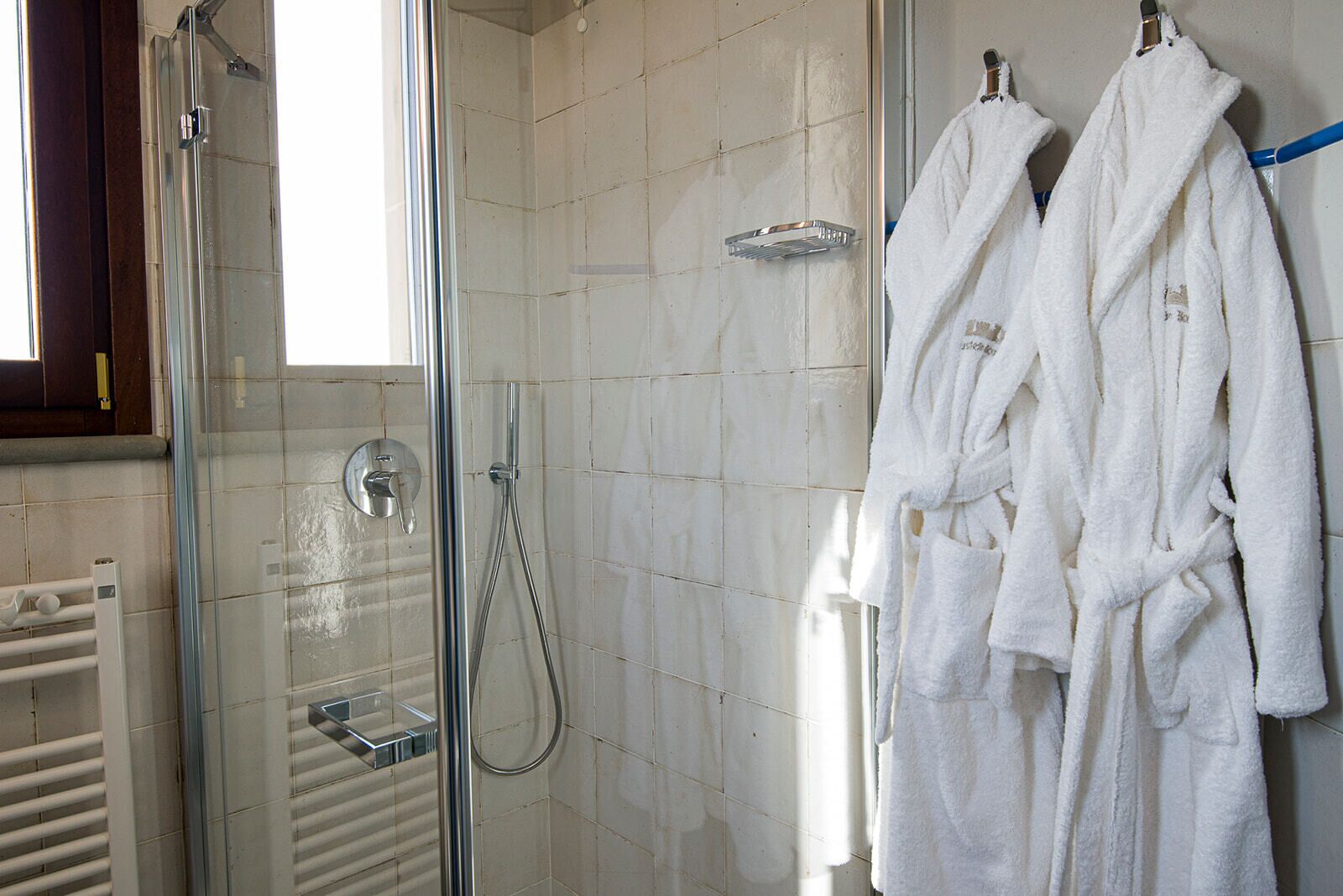 A shower area with a glass door, a handheld showerhead, and a towel rack with two white bathrobes.