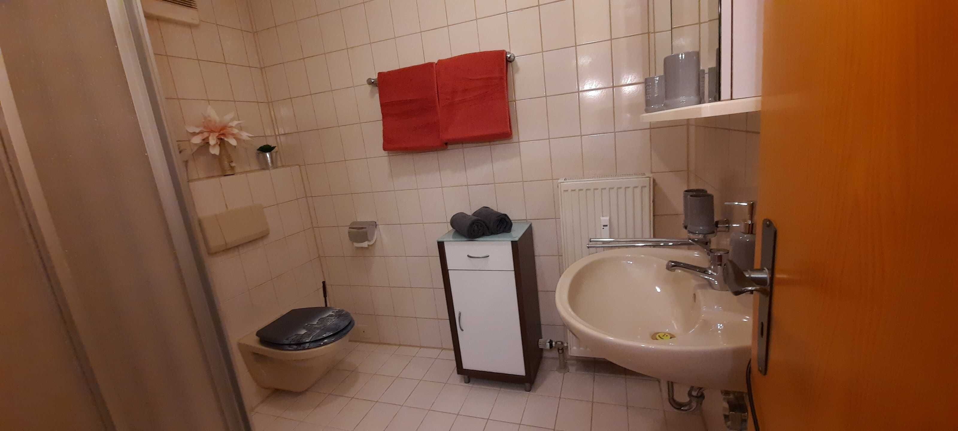 Ett litet badrum med en toalett, ett handfat, ett element och en röd handduk som hänger på väggen.