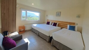 Un dormitorio con dos camas, una ventana con vistas, un radiador y una mesita con una taza y un platillo.