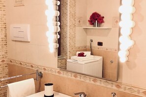 Regadera, secadora de cabello, bidet, toallas 