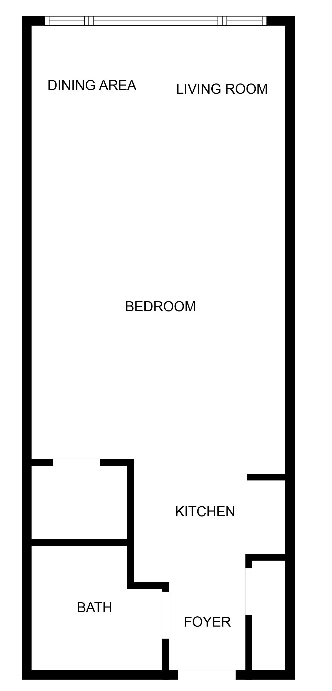 A floor plan with a dining area, living room, bedroom, kitchen, bath, and foyer.