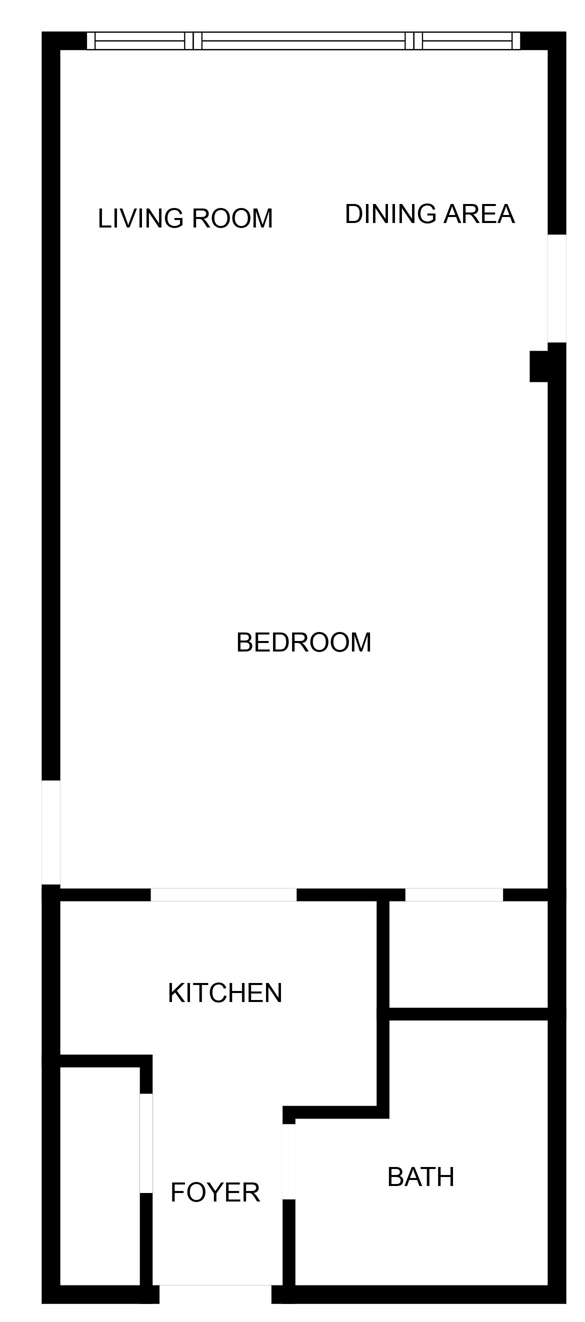 A floor plan with a living room, dining area, bedroom, kitchen, foyer, and bathroom.