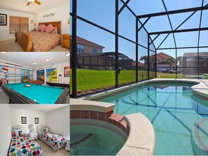 A pool area with a view of the neighborhood, a bedroom with a bed and nightstands, and a pool table.