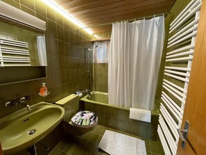 Combined shower/bathtub, hair dryer, towels