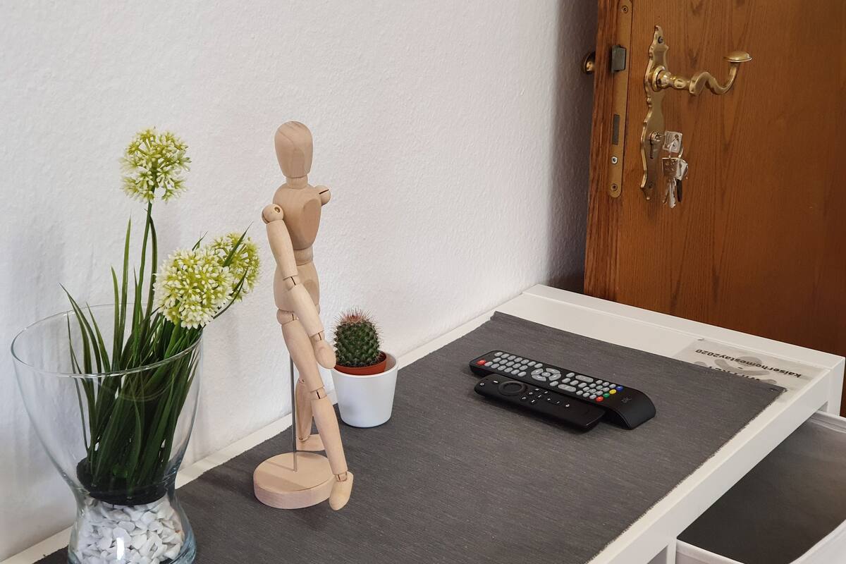 A wooden mannequin, a potted cactus, and a remote control on a gray surface.