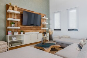 Tv, dvd-afspiller, bordtennisbord, bøger