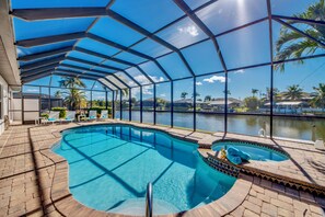 Outdoor pool, a heated pool, sun loungers