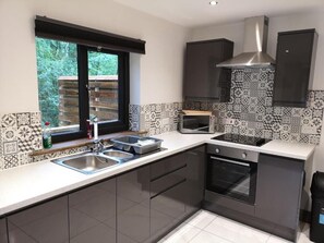 Chalet, 1 Bedroom | Private kitchen | Fridge, oven, electric kettle, toaster - Bluestone Hot Tub (Carmarthen)