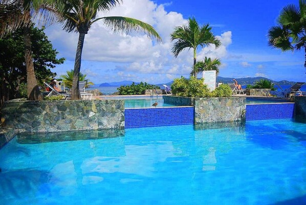 A clear blue pool with stone walls and palm trees, surrounded by lounge chairs and a view of the ocean.