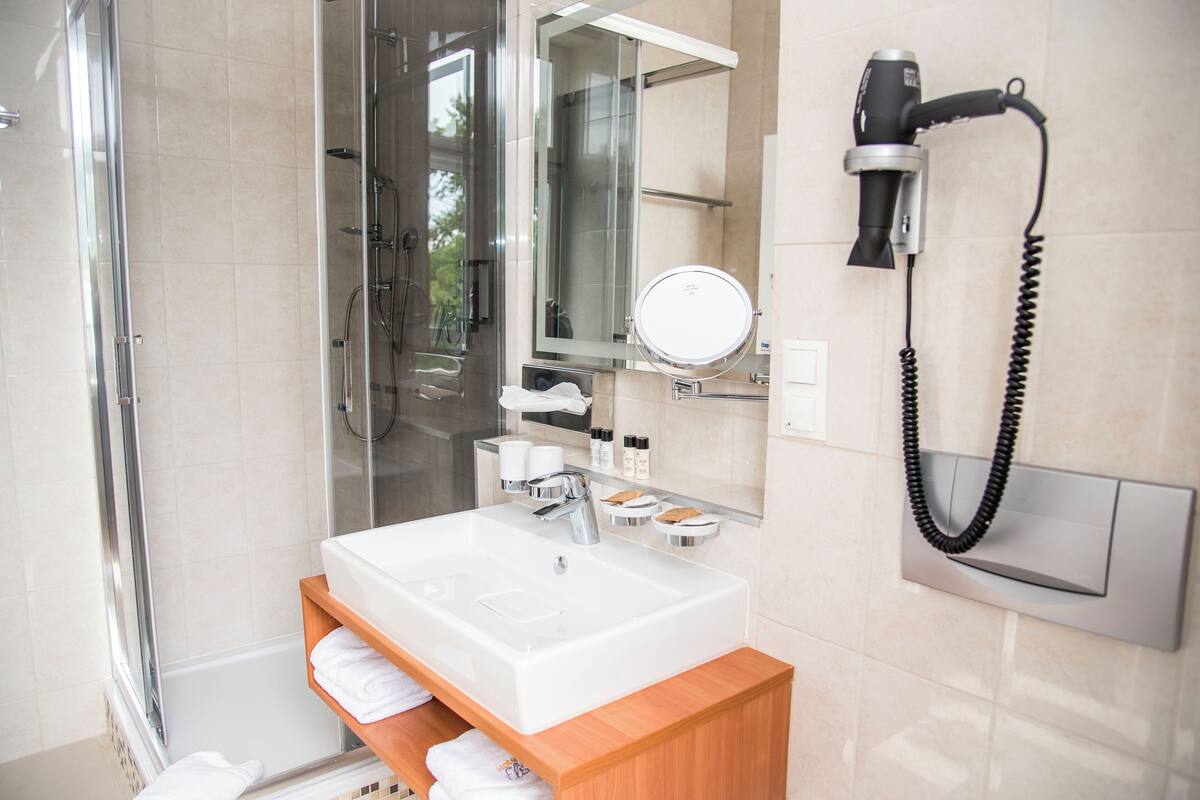 shower, rainfall showerhead, free toiletries, hair dryer