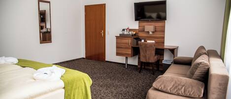 A hotel room with a bed, a desk, a television, and a sofa.
