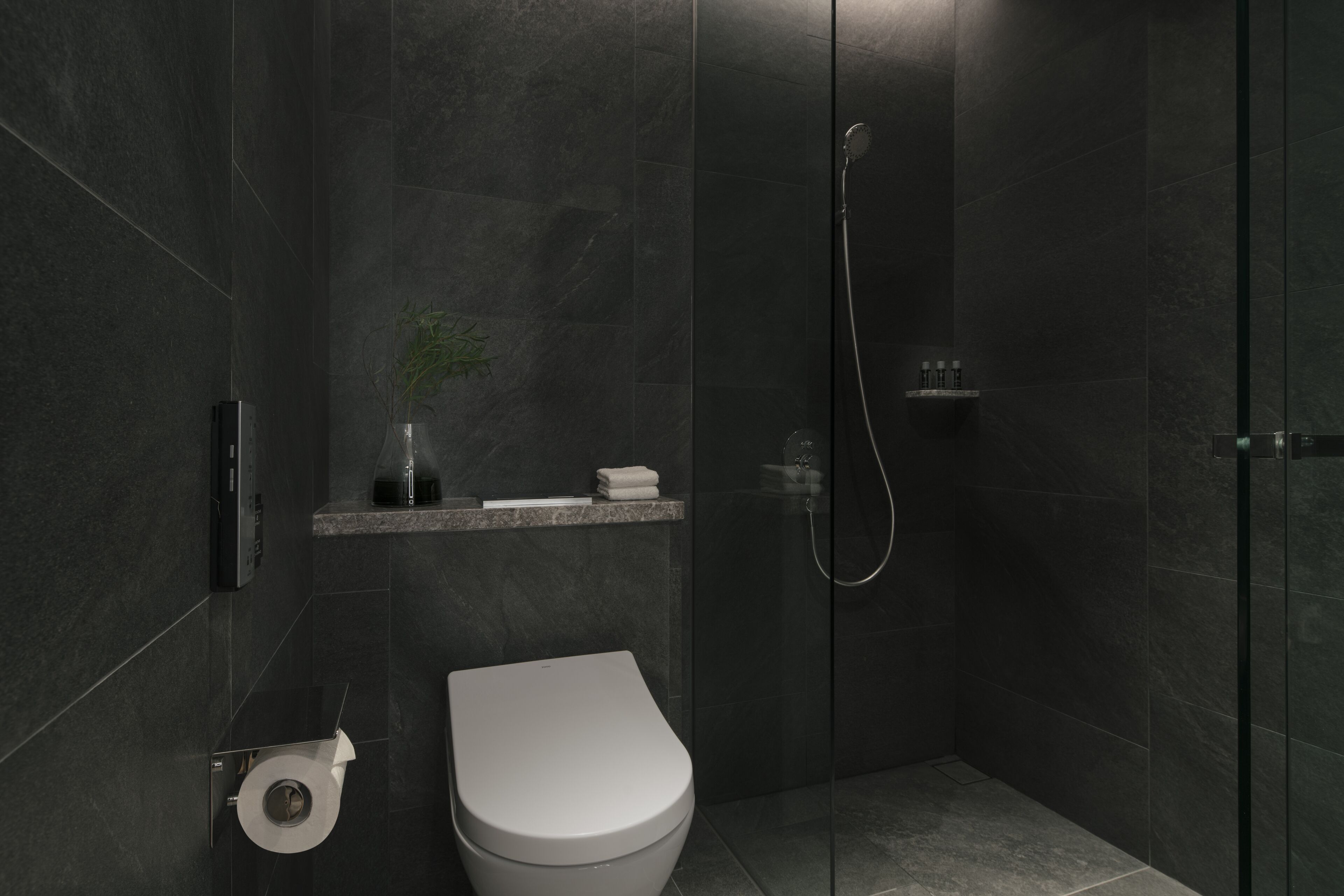 A modern bathroom with a toilet, a shower, and a shelf with toiletries.