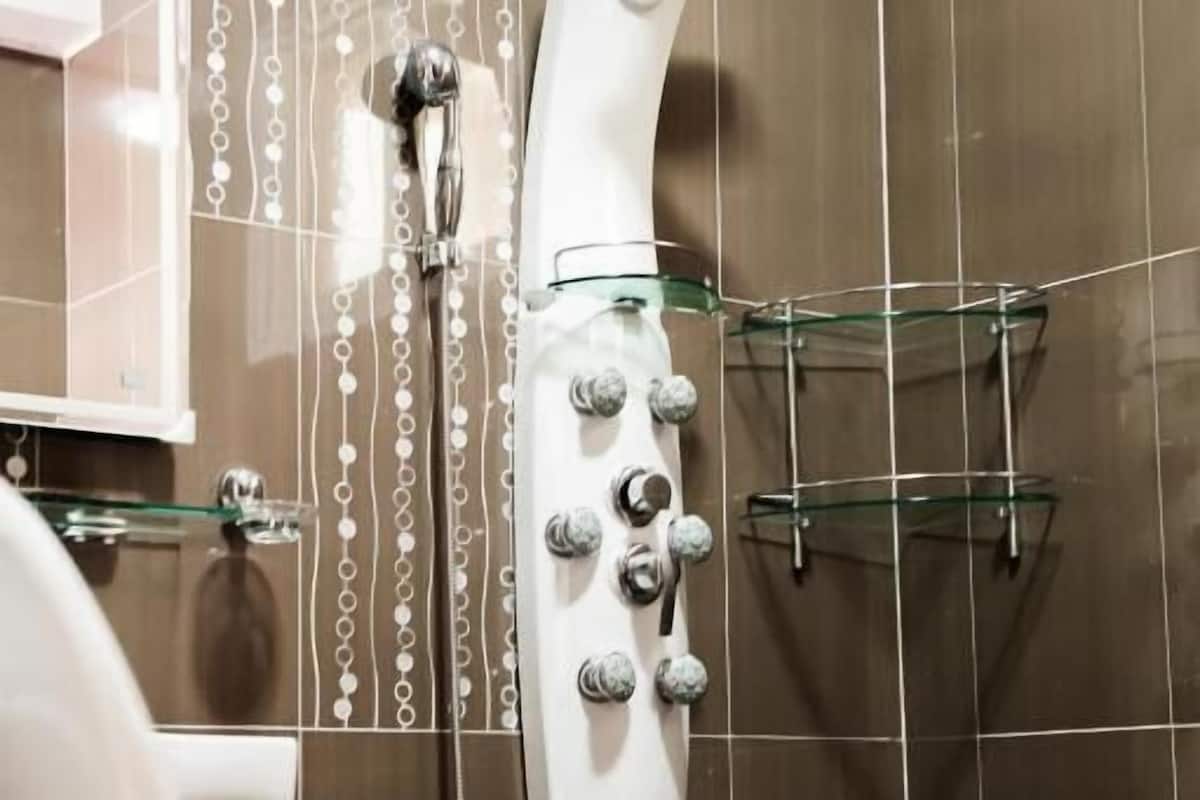 Kamar Double Standar, pemandangan samudra | Kamar mandi | Shower, pengering rambut, sandal, dan kloset
