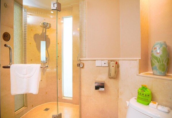 Habitación con 2 camas individuales | Baño | Ducha, artículos de higiene personal gratuitos y secador de pelo