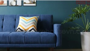 Un canapé bleu orné d’un coussin à motifs chevrons, une plante en pot et des photos encadrées sur un mur de couleur turquoise.