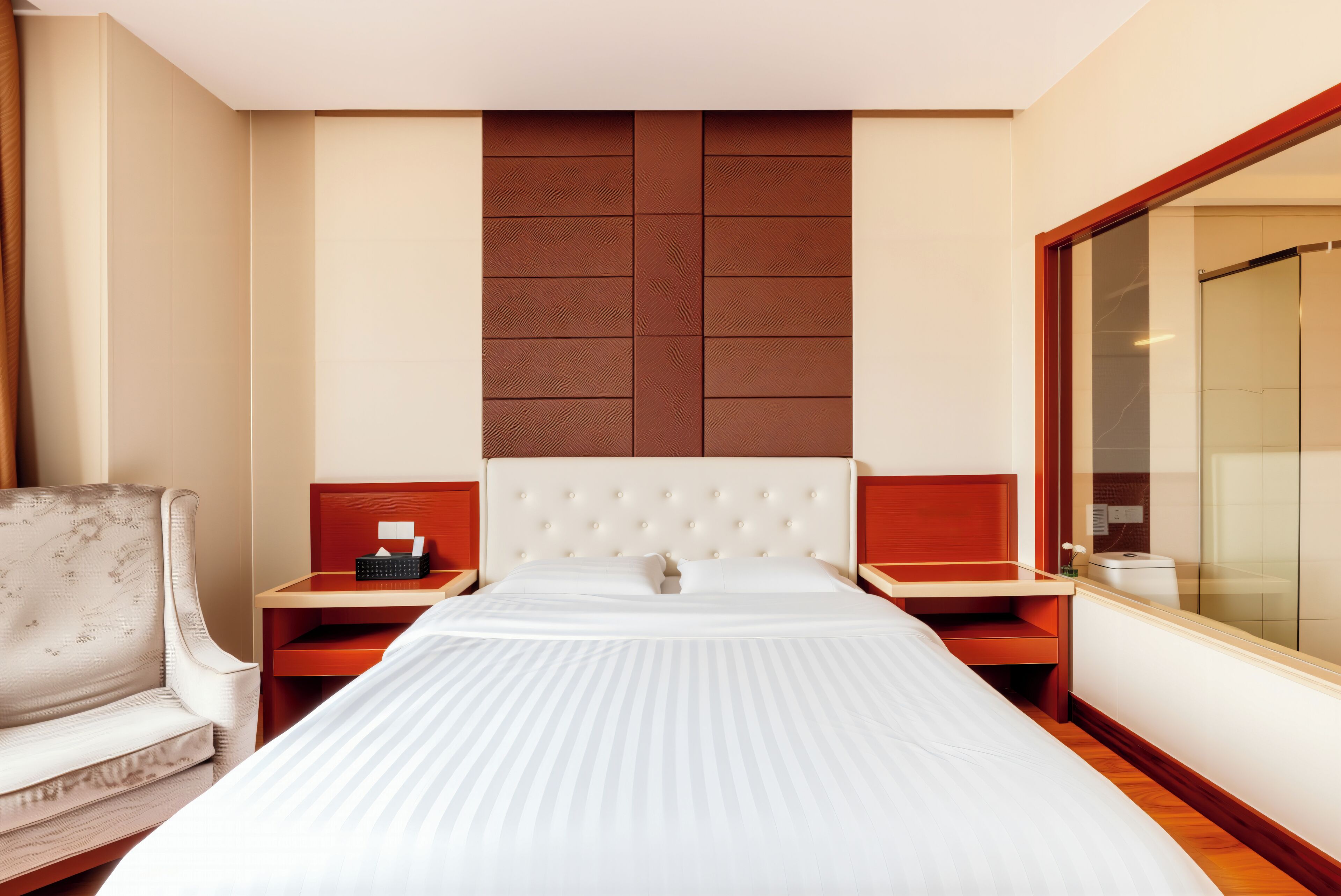 Una habitación de hotel con una cama grande, un sofá, una mesita de noche de madera y un espejo.