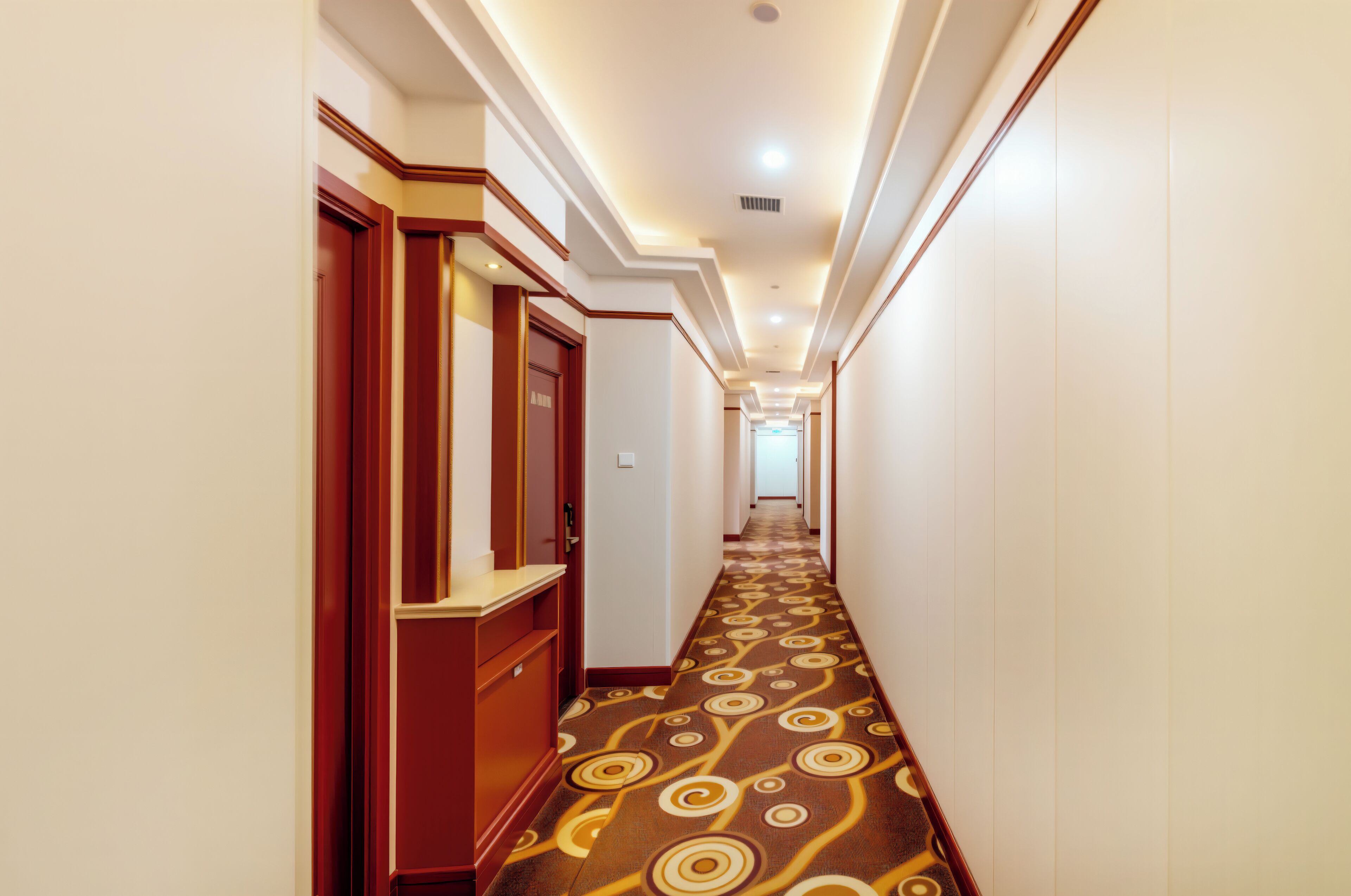 Un couloir d’hôtel avec un tapis à motifs, des portes en bois et un éclairage encastré.