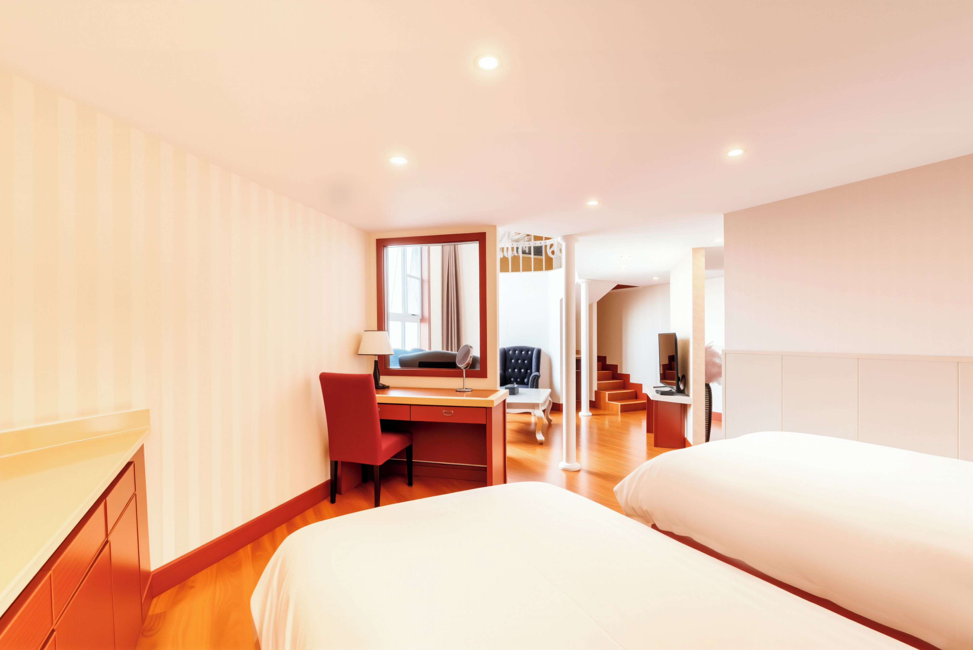 Una habitación de hotel con cama, escritorio, silla y espejo.
