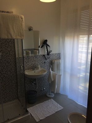 A bathroom with a glass shower enclosure, a sink with a mirror above it, and a towel rack. - Terrazze Dannunziane (Pescara)