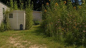 Un camping con dos casas móviles, una zona con césped y un arbusto con girasoles.