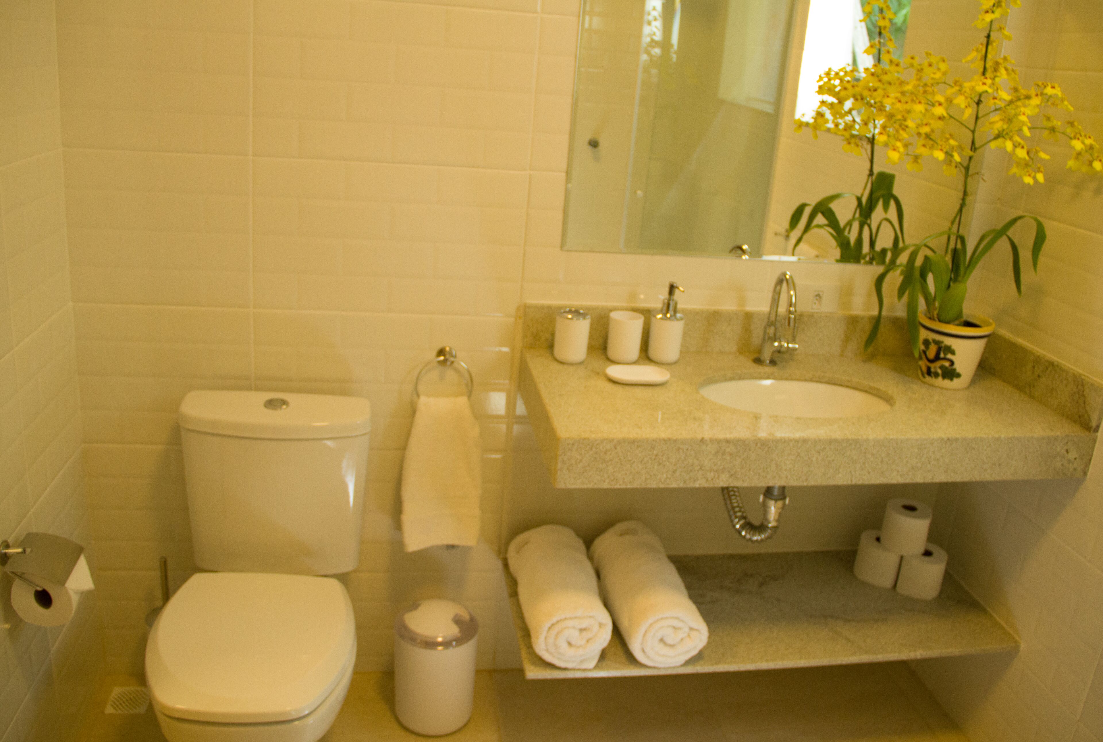 A bathroom with a toilet, sink, and a mirror.
