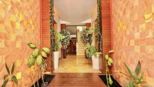 A hallway with patterned walls, wooden flooring, and potted plants. - Praia Apartments by Casago (Playa del Carmen)