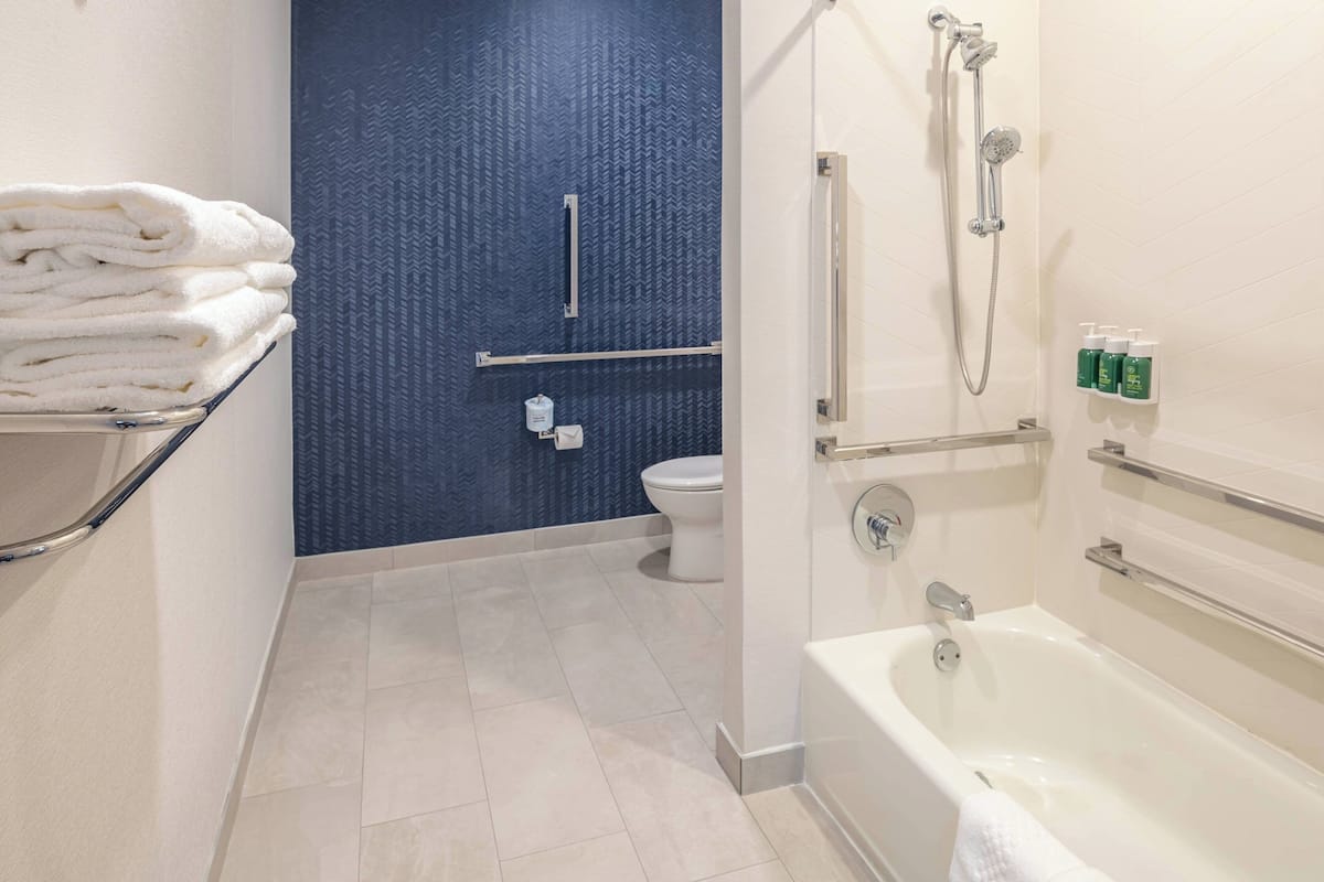 Combined shower/bathtub, free toiletries, hair dryer, towels