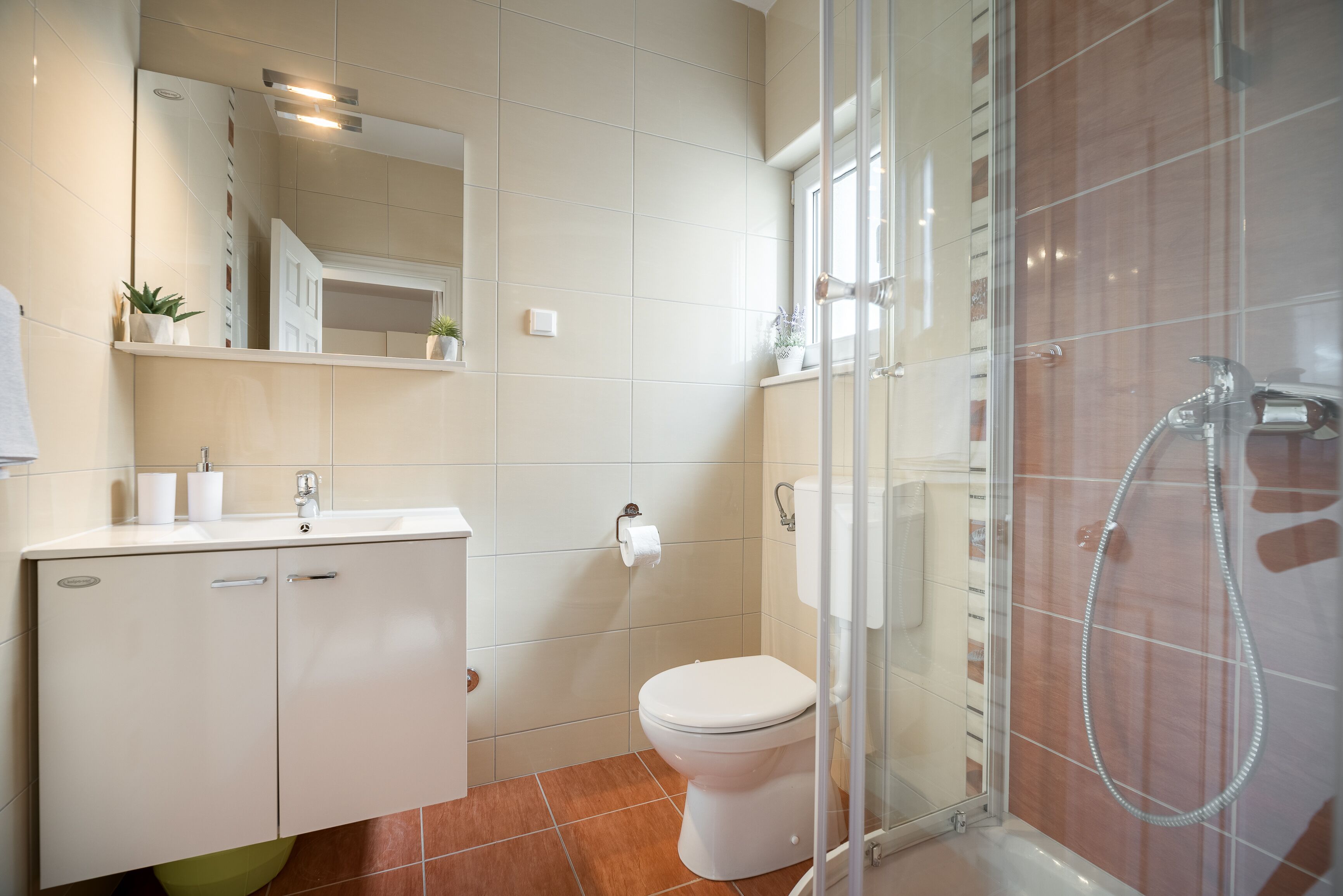 A modern bathroom with a glass shower enclosure, a white toilet, and a sink with a mirror above it.