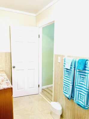 Ensemble douche/baignoire, serviettes fournies, savon, papier toilette