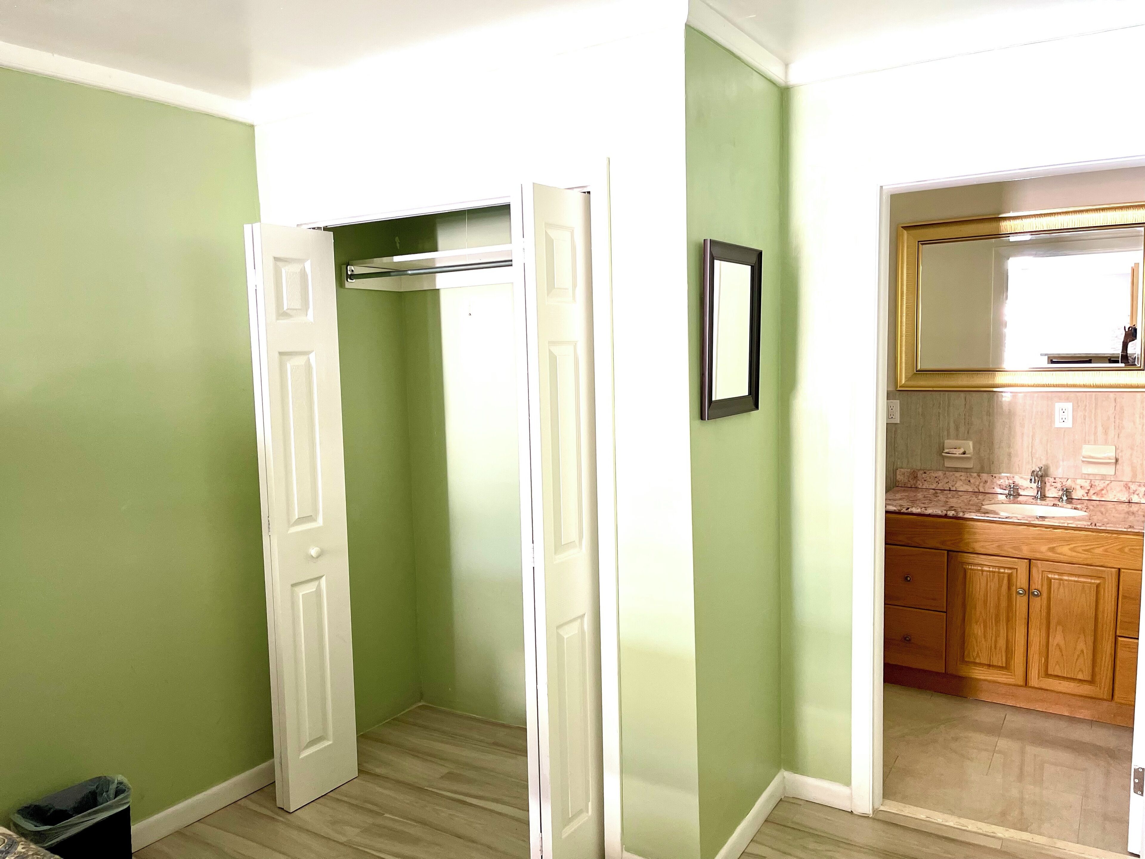 Une salle de bain avec un mur vert, une porte blanche et un plancher en bois.