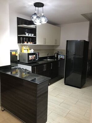 Fridge, microwave, oven, cookware/dishes/utensils