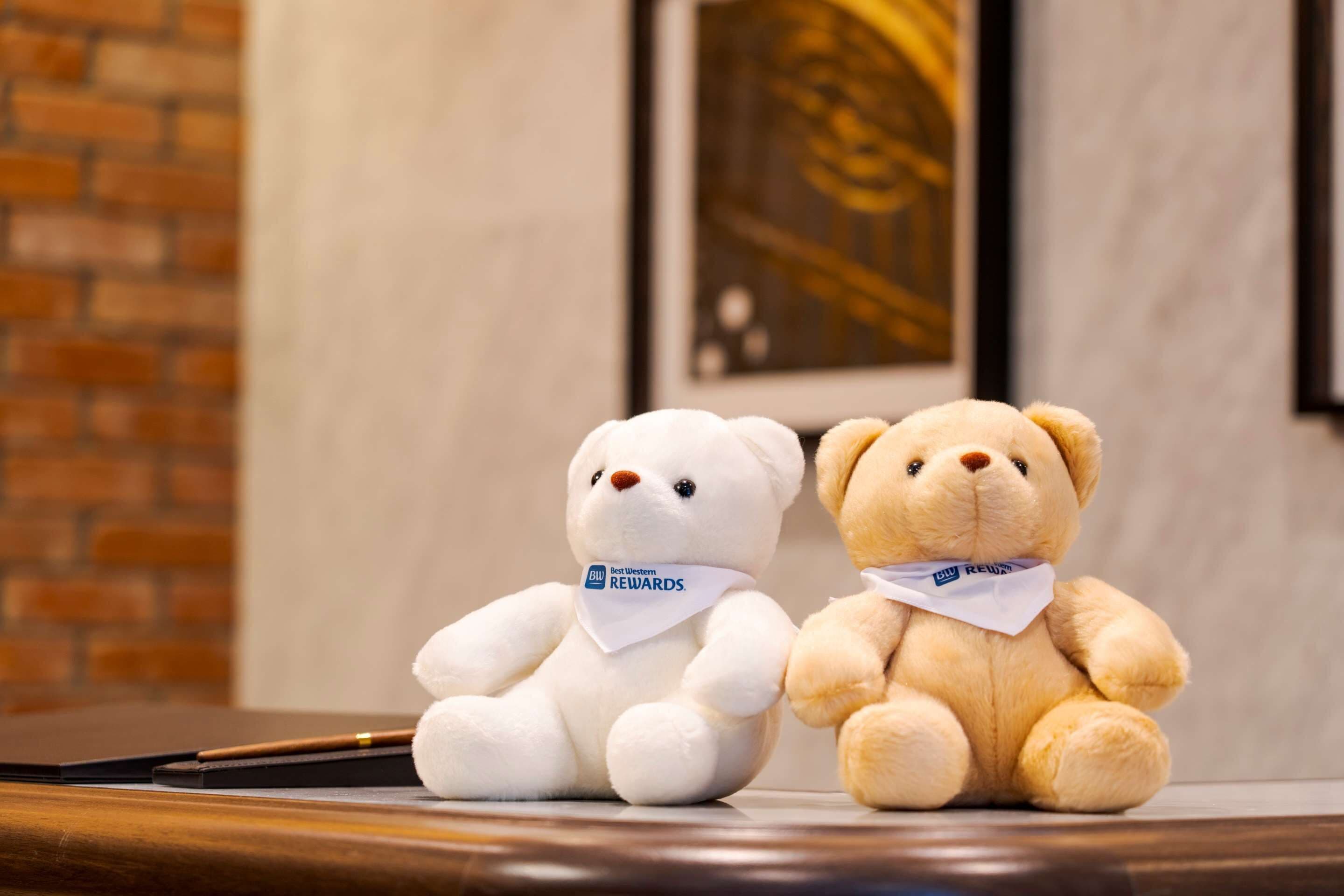 Two plush teddy bears sitting on a wooden surface.