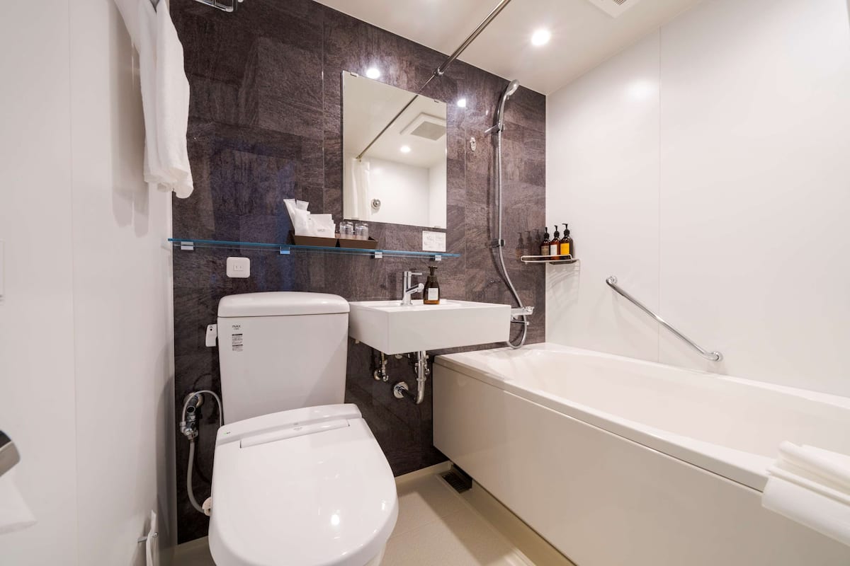 combined shower/bathtub, free toiletries, hair dryer, slippers