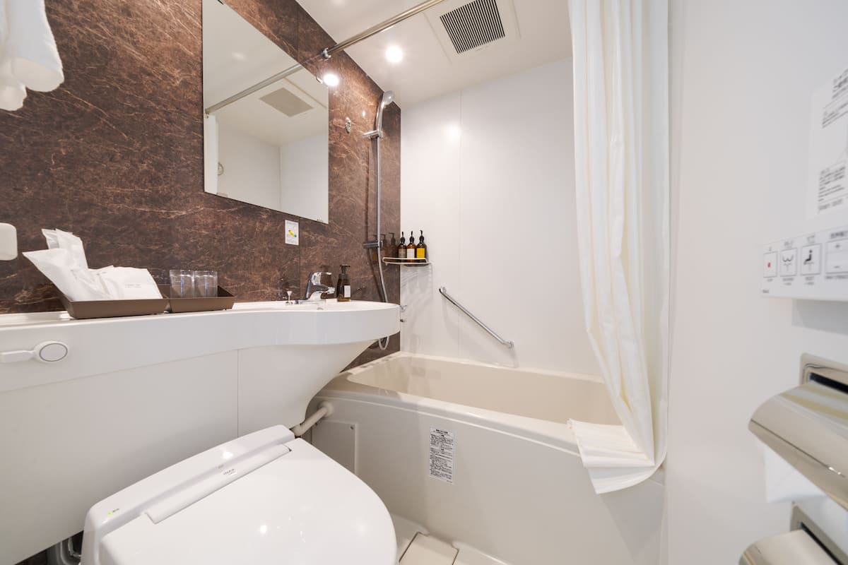 combined shower/bathtub, free toiletries, hair dryer, slippers