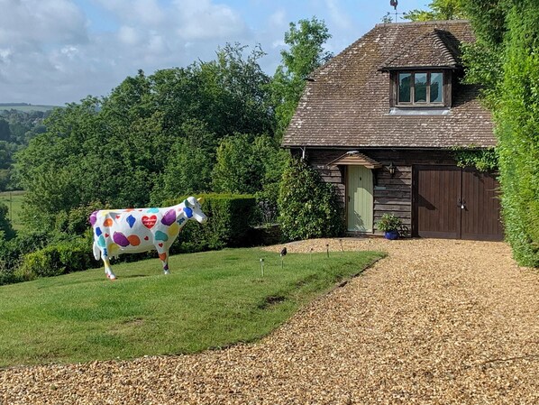Une maison en bois à l’aspect rustique, avec une porte verte, une fenêtre et une porte de garage.