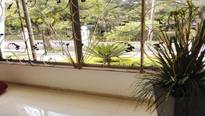 Une pièce dotée d’une grande fenêtre ornée d’une rambarde en métal agrémentée d’éléments décoratifs, d’une plante en pot et d’un sol carrelé.