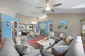 House, Multiple Beds (Quiet waterfront home with pool, dock) | Living area | TV