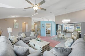 House, Multiple Beds (Quiet waterfront home with pool, dock) | Living area | TV