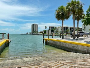 A waterfront dock with a concrete walkway, palm trees, and a police boat.