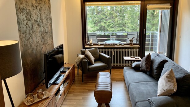 En moderne stue med sofa, fjernsyn og et vindue med udsigt til en balkon.