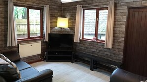 A cozy living room with a fireplace, leather sofas, and large windows with curtains. - Primrose 20 Hot Tub (Carmarthen)