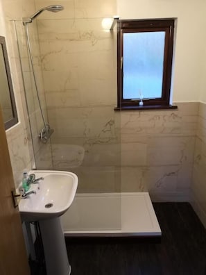 Een badkamer met een douche, wastafel en een raam.