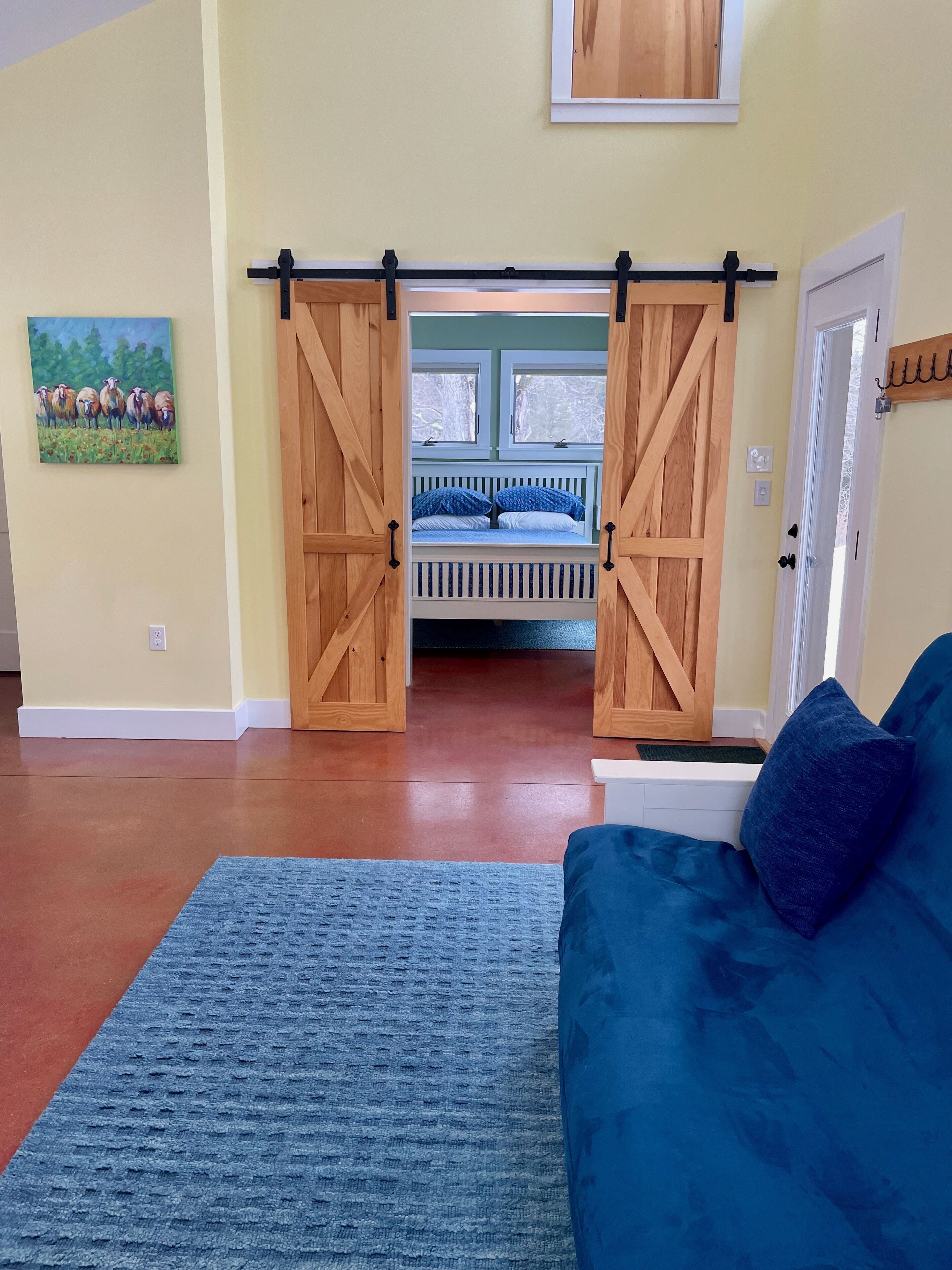 A room with a blue couch, a blue rug, a bed with blue bedding, and a wooden door with a barn-style design.