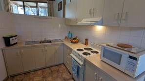 Full-sized fridge, microwave, oven, stovetop