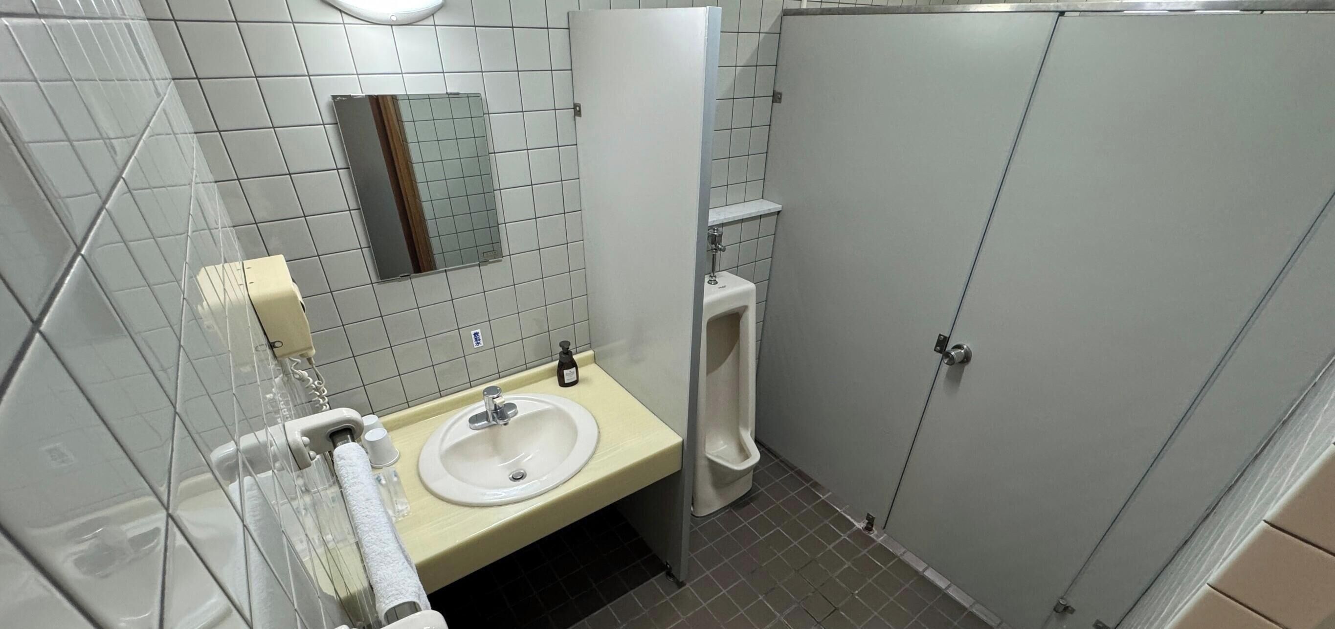 A small bathroom with a sink, mirror, and urinal.