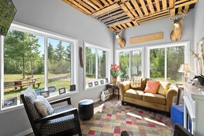 Smart TV, fireplace, video games, DVD player