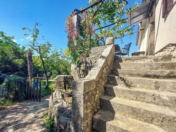 A stone staircase leading up to a building with a garden and a fence in the background.